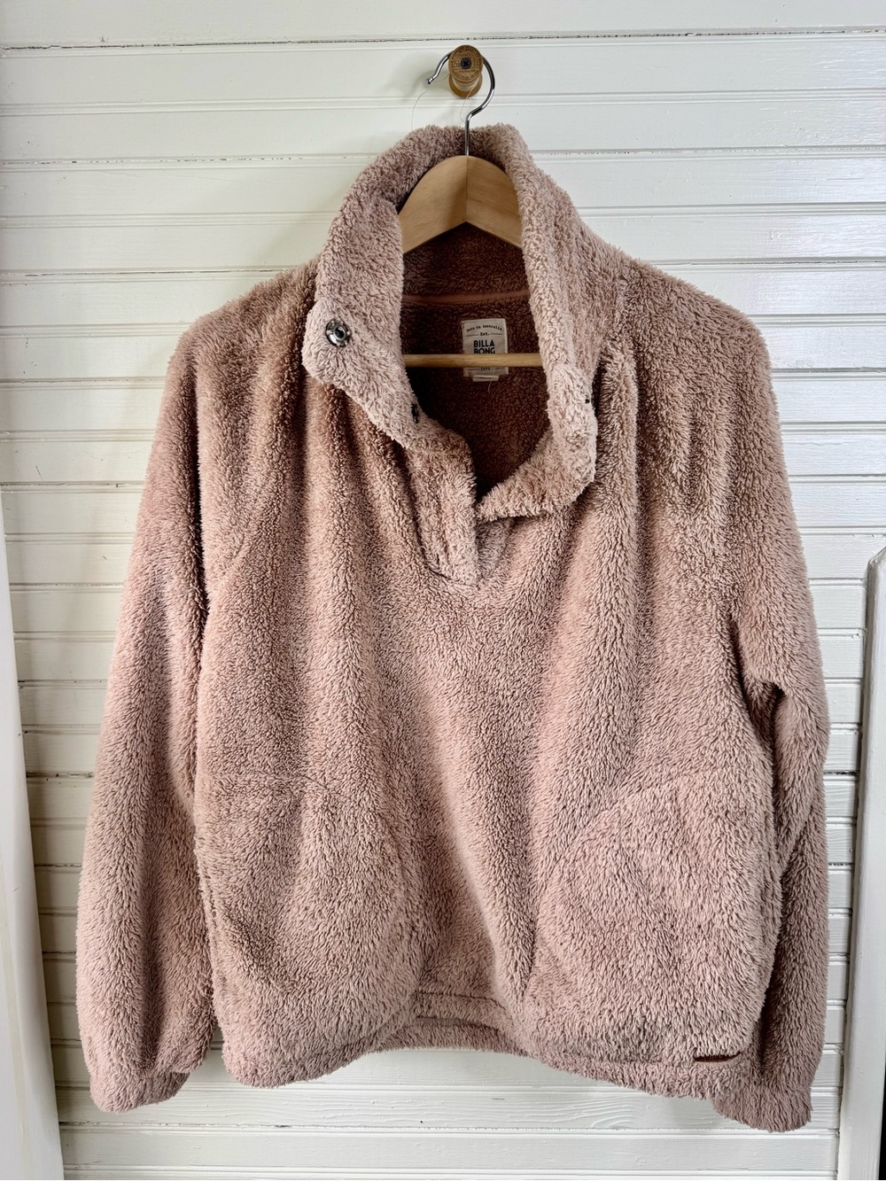 Billabong Plush Teddy Bear Quarter-Snap Crewneck - camel